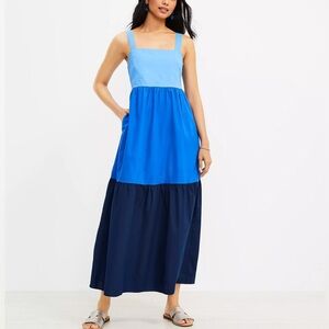 like new Ann Taylor LOFT light, medium & dark blue color block maxi dress sz XSP